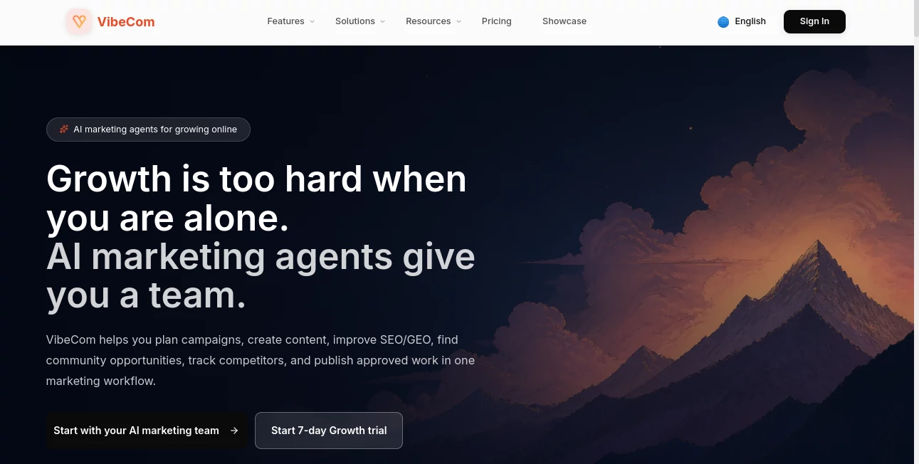 Screenshot of VibeCom – An AI tool in the ,AI Research Tool ,AI Business Ideas Generator ,AI Marketing Plan Generator ,AI Productivity Tools  category, showcasing its interface and key features.