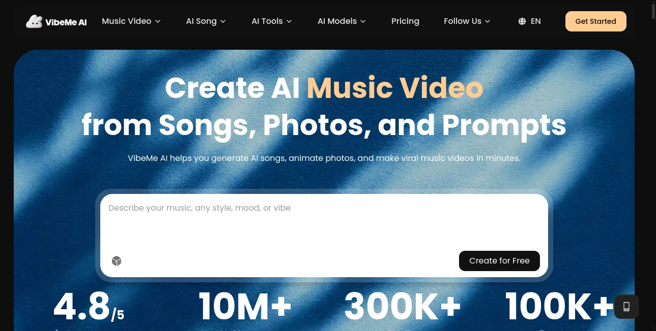 Screenshot of VibeMe AI – An AI tool in the ,AI Image to Video ,AI Music Video Generator ,AI Lip Sync Generator ,AI Singing Generator  category, showcasing its interface and key features.