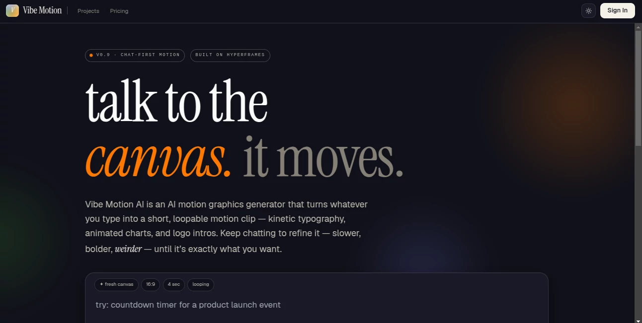 Screenshot of Vibe Motion – An AI tool in the ,AI Animated Video ,AI Video Generator ,AI Video Editor ,AI Text to Video  category, showcasing its interface and key features.