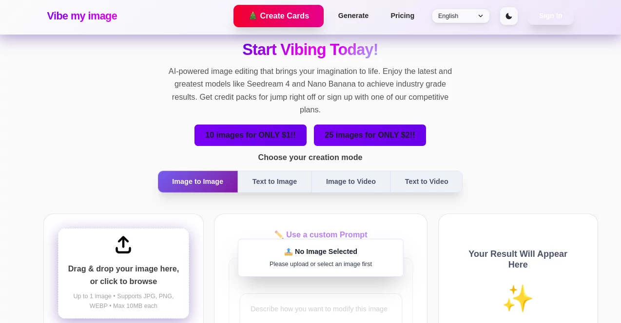 Screenshot of Vibe my image – An AI tool in the ,AI Photo Enhancer ,Photo & Image Editor ,AI Art Generator ,AI Image to Image  category, showcasing its interface and key features.