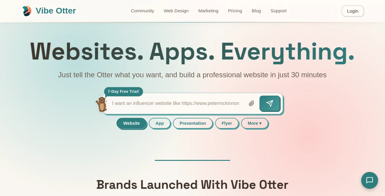 Screenshot of Vibe Otter – An AI tool in the ,AI Landing Page Builder ,AI Website Builder ,AI Design Assistant ,AI Productivity Tools  category, showcasing its interface and key features.