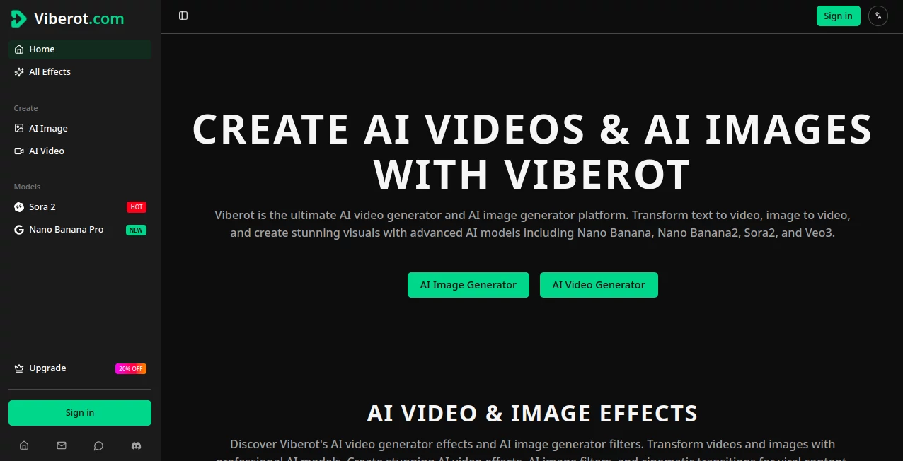 Screenshot of Viberot.com – An AI tool in the ,AI Image to Video ,AI Text to Video ,AI Video Generator ,AI Art Generator  category, showcasing its interface and key features.