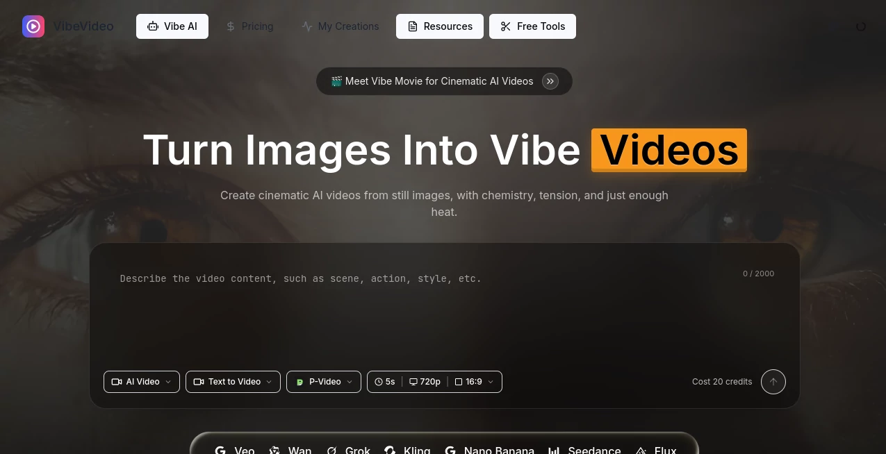 Screenshot of VibeVideo – An AI tool in the ,AI Image to Video ,AI Video Editor ,AI Text to Video ,AI Video Generator  category, showcasing its interface and key features.