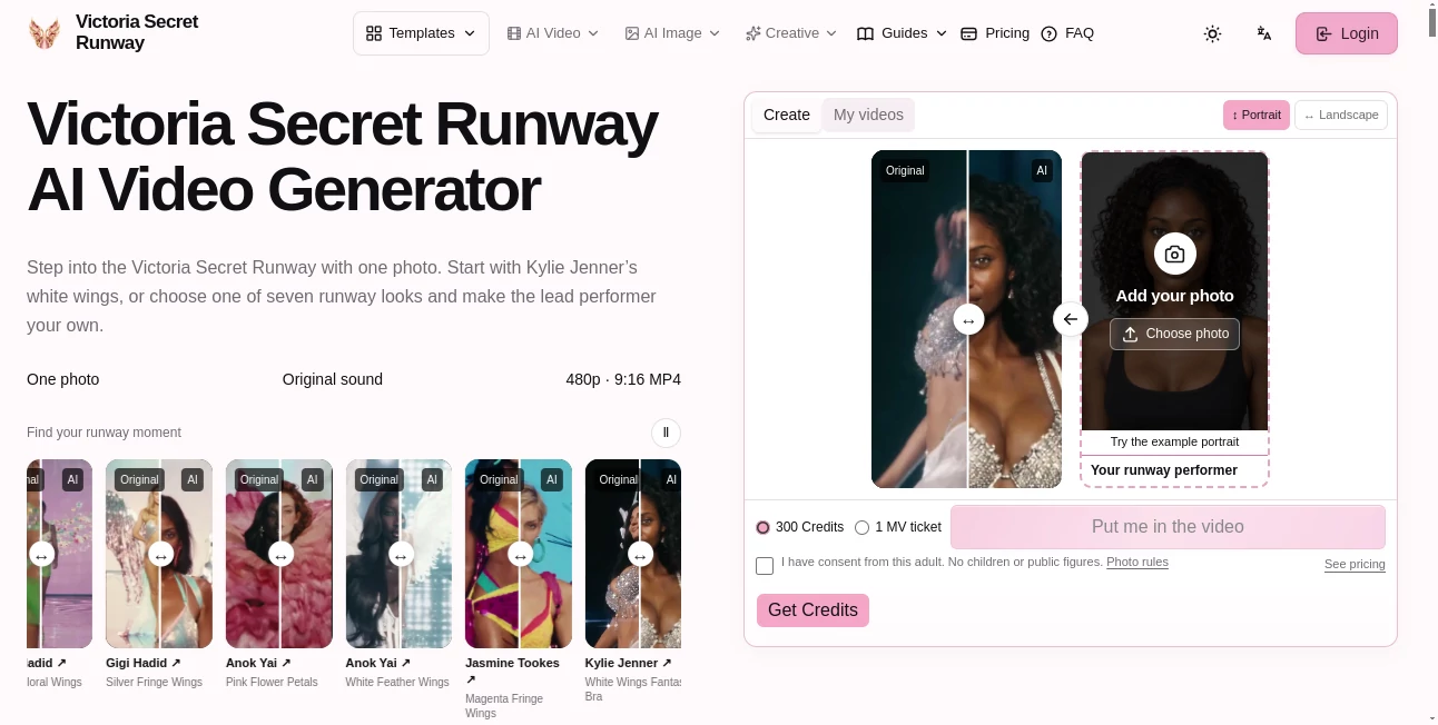 Screenshot of Victoria Secret Runway – An AI tool in the ,AI Video Generator ,Video  category, showcasing its interface and key features.
