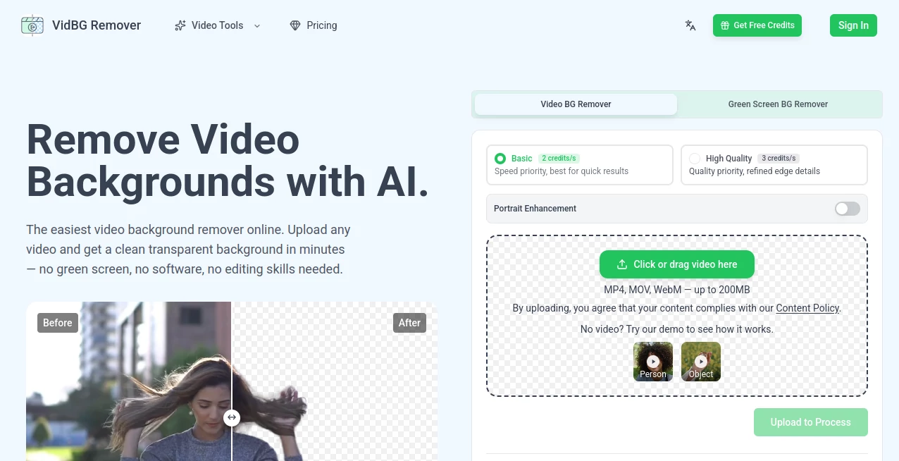 Screenshot of VidBG Remover – An AI tool in the ,AI Background Remover ,AI Video to Video ,AI Video Editor ,AI Video Enhancer  category, showcasing its interface and key features.