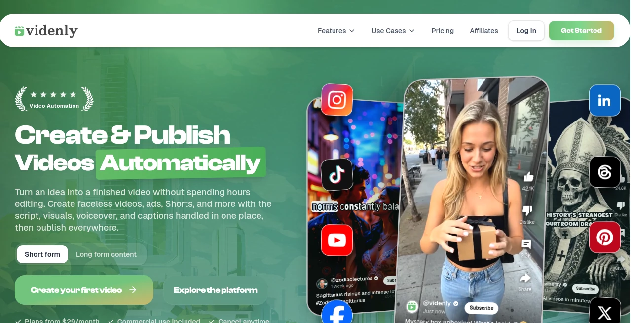 Screenshot of Videnly – An AI tool in the ,AI Video Generator ,AI Video Editor ,AI Short Clips Generator ,AI UGC Video Generator  category, showcasing its interface and key features.