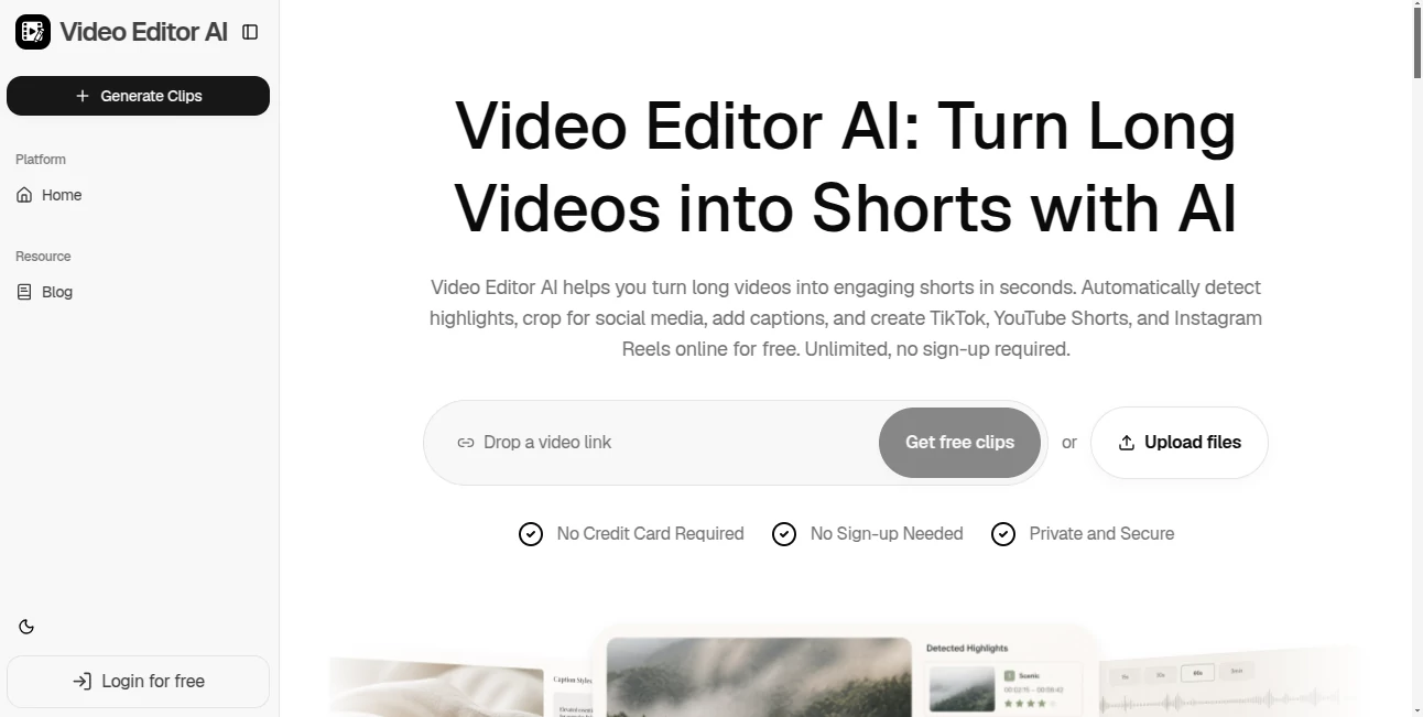 Screenshot of Video Editor AI – An AI tool in the ,AI Video Editor ,AI Short Clips Generator ,AI Repurpose Assistant ,AI Captions or Subtitle  category, showcasing its interface and key features.