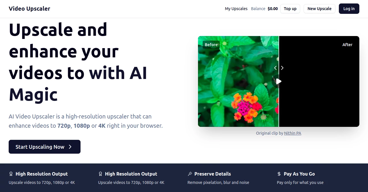 Screenshot of Video Upscaler – An AI tool in the ,AI Video Editor ,AI Video Generator ,AI Video Enhancer  category, showcasing its interface and key features.