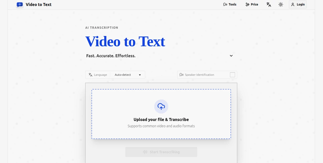 Screenshot of Video to Text – An AI tool in the ,AI Transcription ,AI Speech to Text ,AI Productivity Tools ,Video  category, showcasing its interface and key features.
