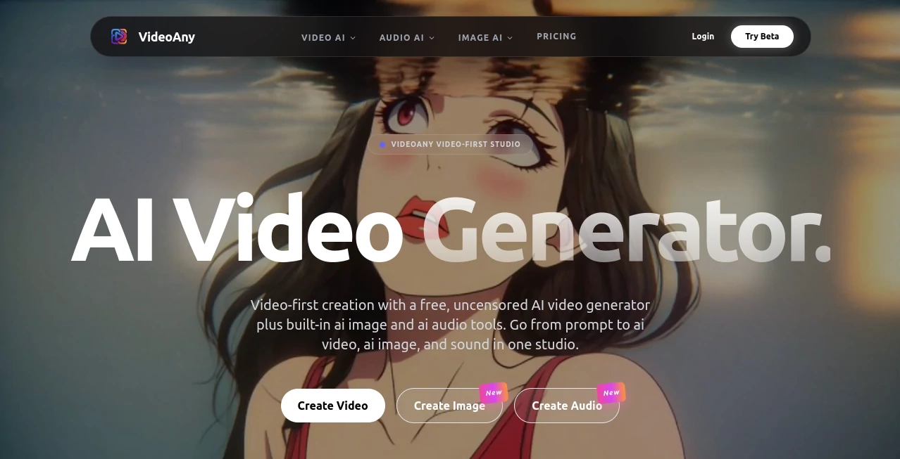 Screenshot of Video Any – An AI tool in the ,AI Animated Video ,AI Image to Video ,AI Video Generator ,AI Text to Video  category, showcasing its interface and key features.