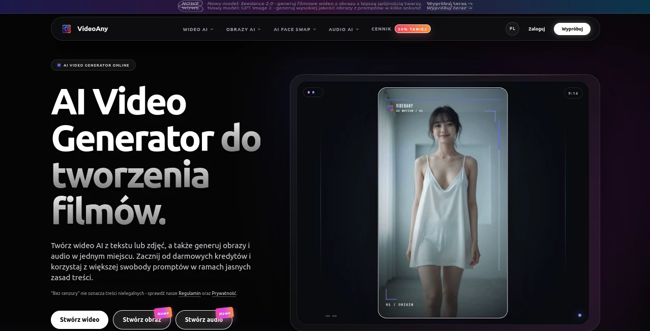 Screenshot of VideoAny – An AI tool in the ,AI Photo & Image Generator ,AI Image to Video ,AI Video Generator  category, showcasing its interface and key features.