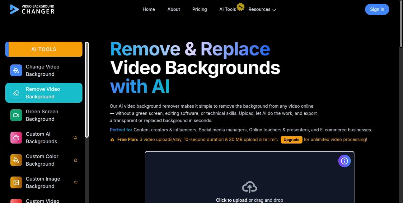 Screenshot of video background changer – An AI tool in the ,AI Video Editor  category, showcasing its interface and key features.