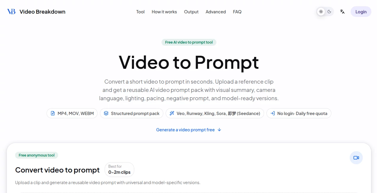Screenshot of Video Breakdown – An AI tool in the ,Prompt ,AI Video Generator ,AI Video Editor ,AI Text to Video  category, showcasing its interface and key features.