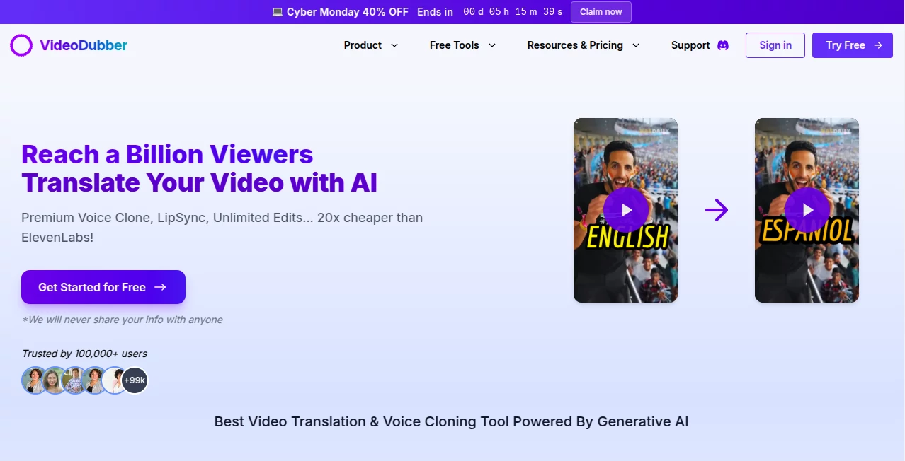 Screenshot of VideoDubber – An AI tool in the ,AI Video Editor ,AI Lip Sync Generator ,AI Voice Cloning ,AI Speech Synthesis  category, showcasing its interface and key features.