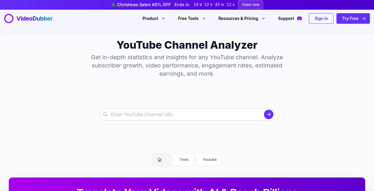 Screenshot of VideoDubber’s Youtube Channel Analyzer – An AI tool in the ,AI SEO Assistant ,AI YouTube Assistant ,AI Research Tool ,AI Analytics Assistant  category, showcasing its interface and key features.