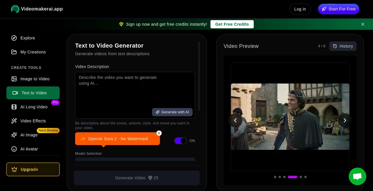 Screenshot of VideoMakerAI - Text to Video – An AI tool in the ,AI Creative Writing ,AI Animated Video ,AI Text to Video ,AI Video Generator  category, showcasing its interface and key features.