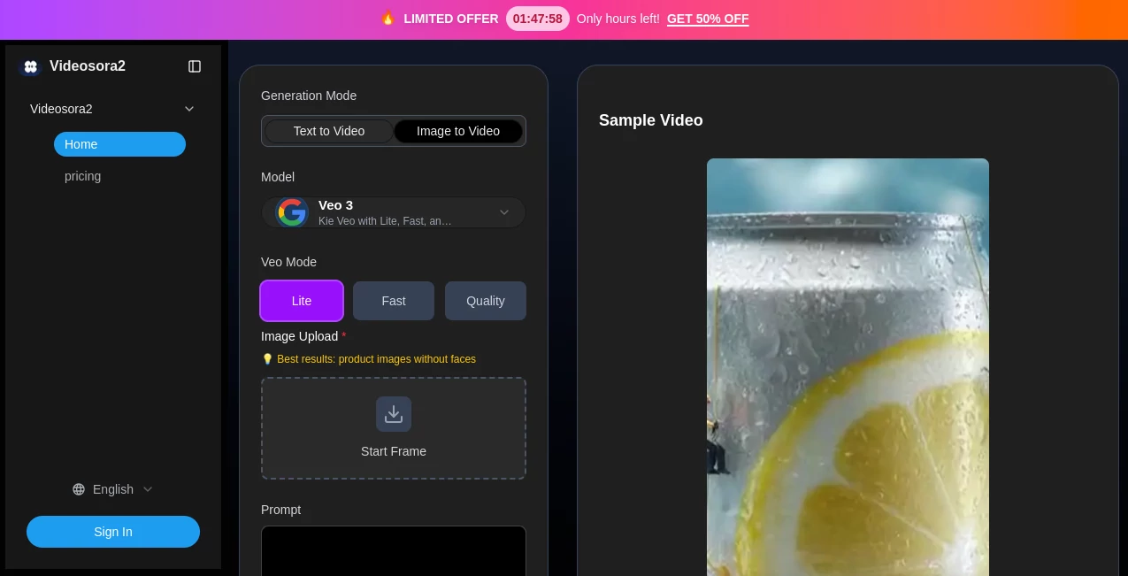 Screenshot of Videosora2 – An AI tool in the ,AI Image to Video ,AI Video Generator ,AI Text to Video ,AI UGC Video Generator  category, showcasing its interface and key features.