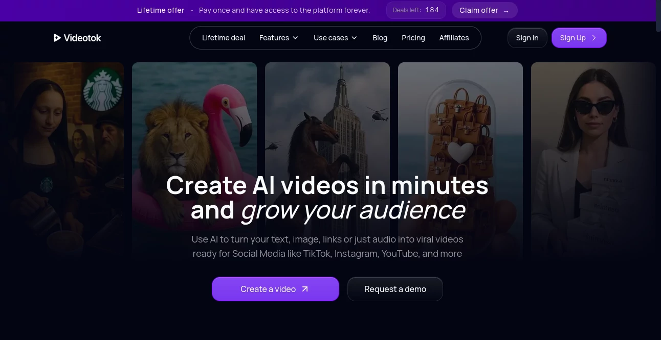 Screenshot of Videotok – An AI tool in the ,AI Animated Video ,AI Video Generator ,AI Short Clips Generator ,AI UGC Video Generator  category, showcasing its interface and key features.