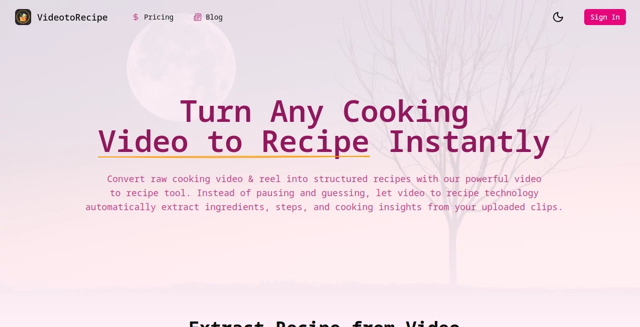 Screenshot of VideotoRecipe – An AI tool in the ,AI Transcription ,AI Cooking Assistant ,AI Recipe Assistant ,Video  category, showcasing its interface and key features.
