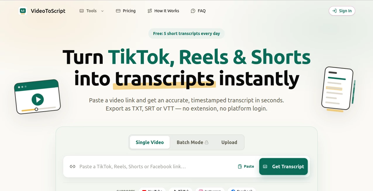 Screenshot of VideoToScript – An AI tool in the ,AI Transcriber ,AI Transcription ,AI Captions or Subtitle  category, showcasing its interface and key features.