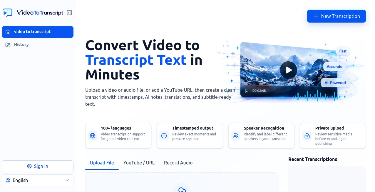 Screenshot of Video to Transcript – An AI tool in the ,AI Transcriber ,AI Transcription ,AI Speech to Text ,AI Captions or Subtitle  category, showcasing its interface and key features.