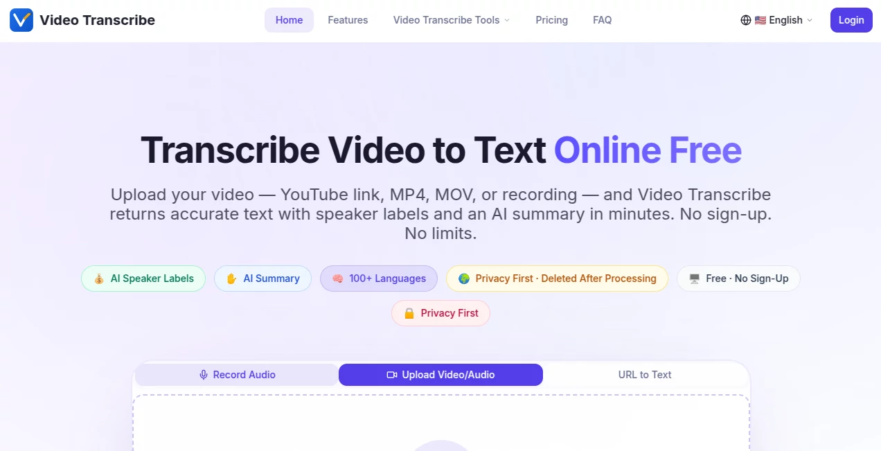 Screenshot of Video Transcribe – An AI tool in the ,AI Documents Assistant ,AI Productivity Tools ,AI Transcription ,AI Speech to Text  category, showcasing its interface and key features.