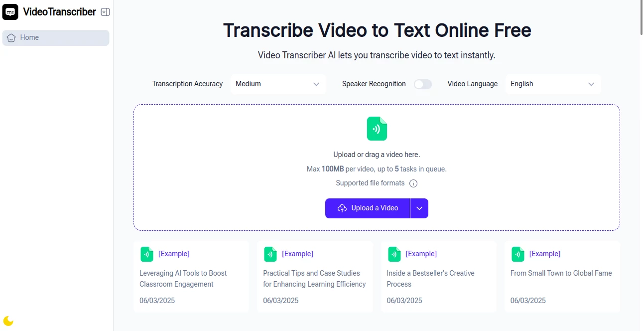 Screenshot of VideoTranscriber – An AI tool in the ,AI Transcriber ,AI Video Editor ,AI Transcription ,AI Speech to Text  category, showcasing its interface and key features.