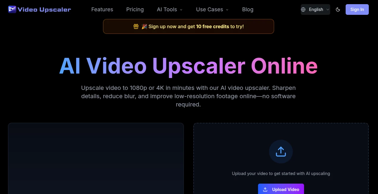 Screenshot of AI Video Upscaler Online – An AI tool in the ,AI Image to Video ,AI Video Editor ,AI Video Enhancer ,AI Video Generator  category, showcasing its interface and key features.