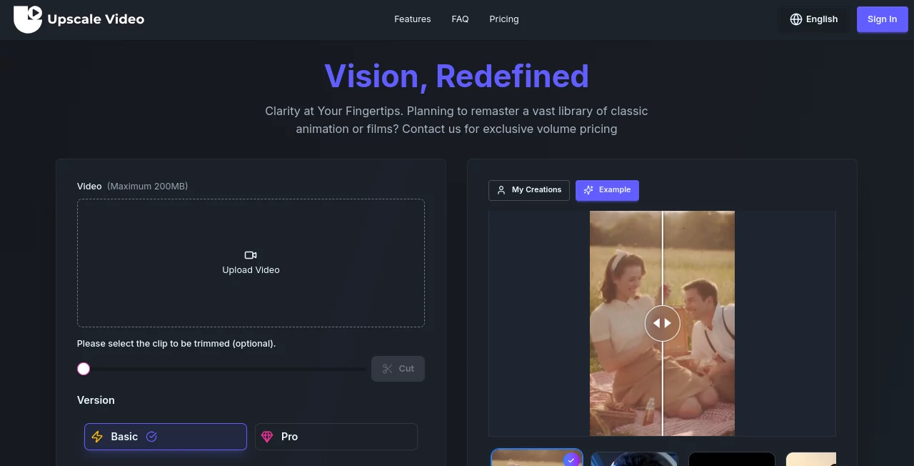 Screenshot of Video Upscaler – An AI tool in the ,AI Video Editor ,AI Video Enhancer ,AI Video to Video ,AI Video Generator  category, showcasing its interface and key features.