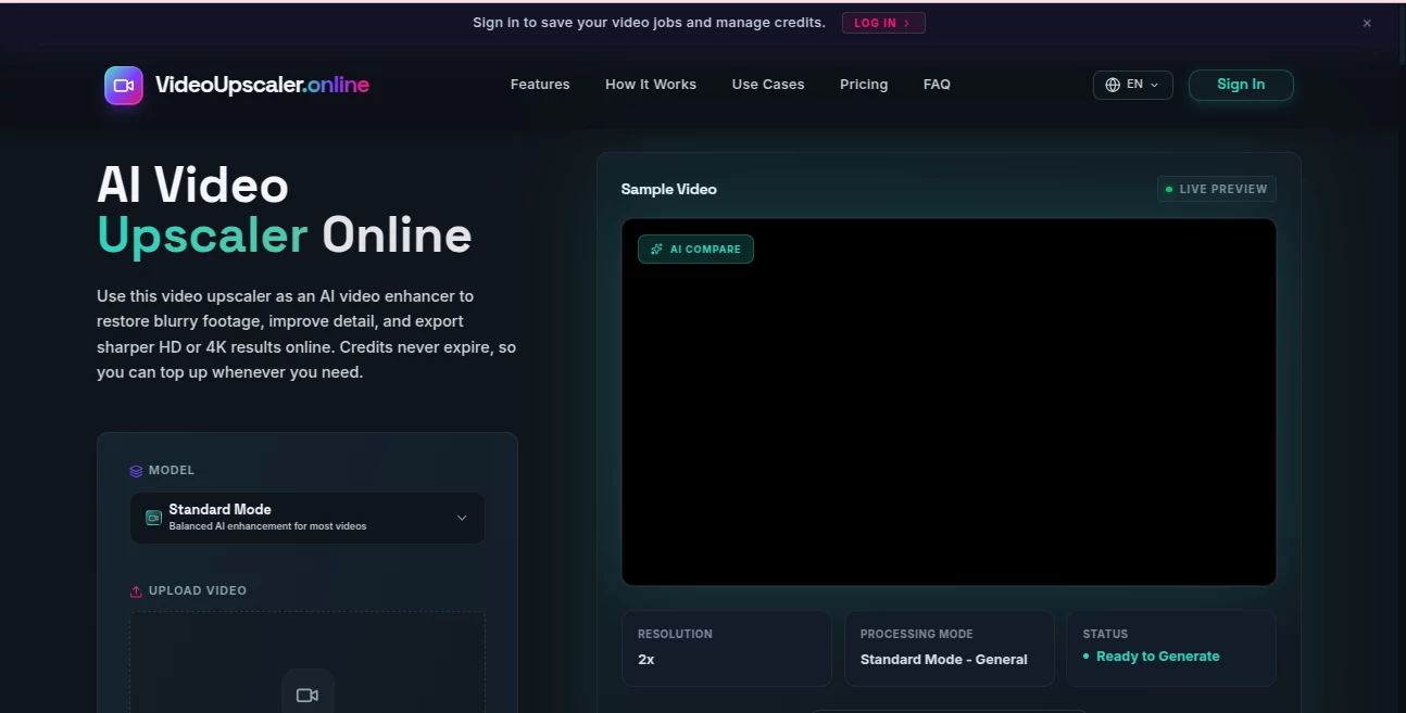 Screenshot of Video Upscaler – An AI tool in the ,Photo & Image Editor ,AI Video Generator ,AI Video Enhancer  category, showcasing its interface and key features.