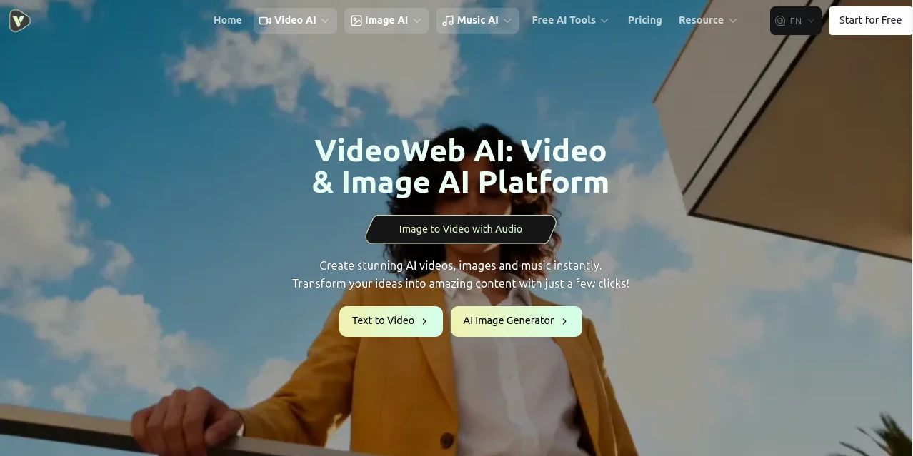 Screenshot of VideoWeb AI – An AI tool in the ,AI Photo & Image Generator ,AI Video Generator ,AI Music Generator ,AI Text to Video  category, showcasing its interface and key features.