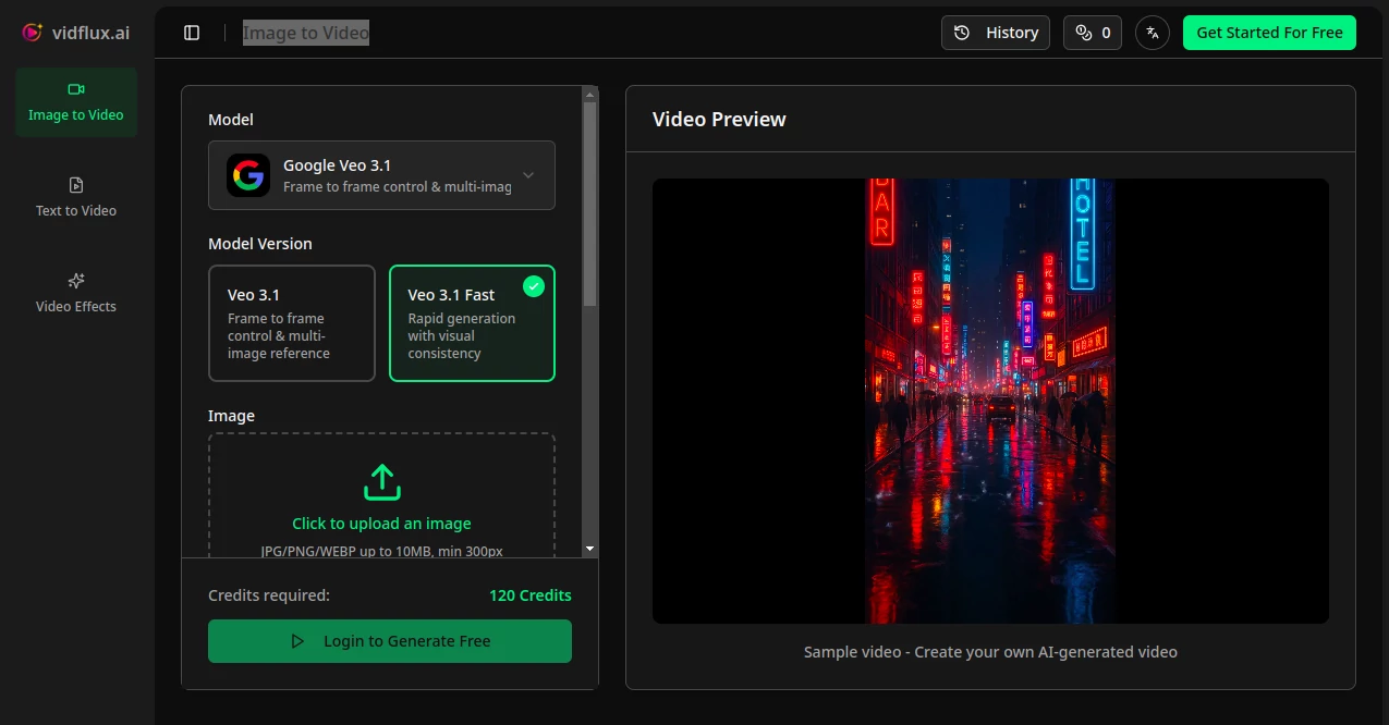 Screenshot of vidflux.ai - Image to Video – An AI tool in the ,AI Animated Video ,AI Image to Video ,AI Text to Video ,AI Video Generator  category, showcasing its interface and key features.