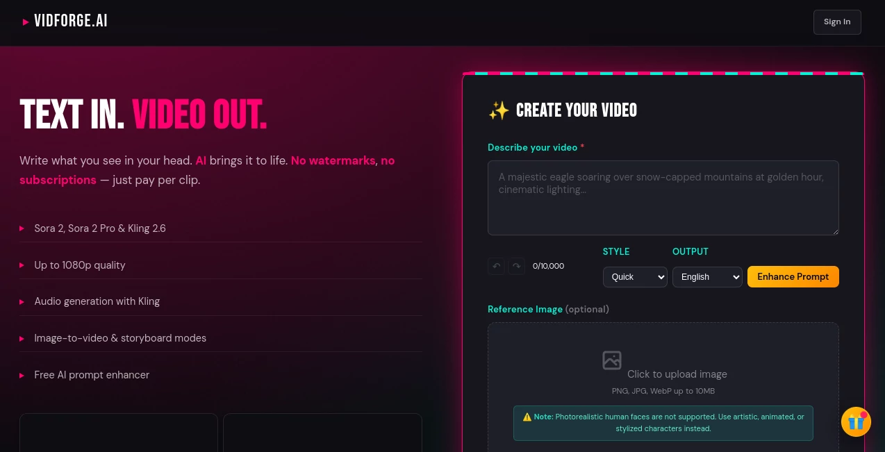 Screenshot of VIDFORGE.AI – An AI tool in the ,AI Animated Video ,AI Image to Video ,AI Video Generator ,AI Text to Video  category, showcasing its interface and key features.