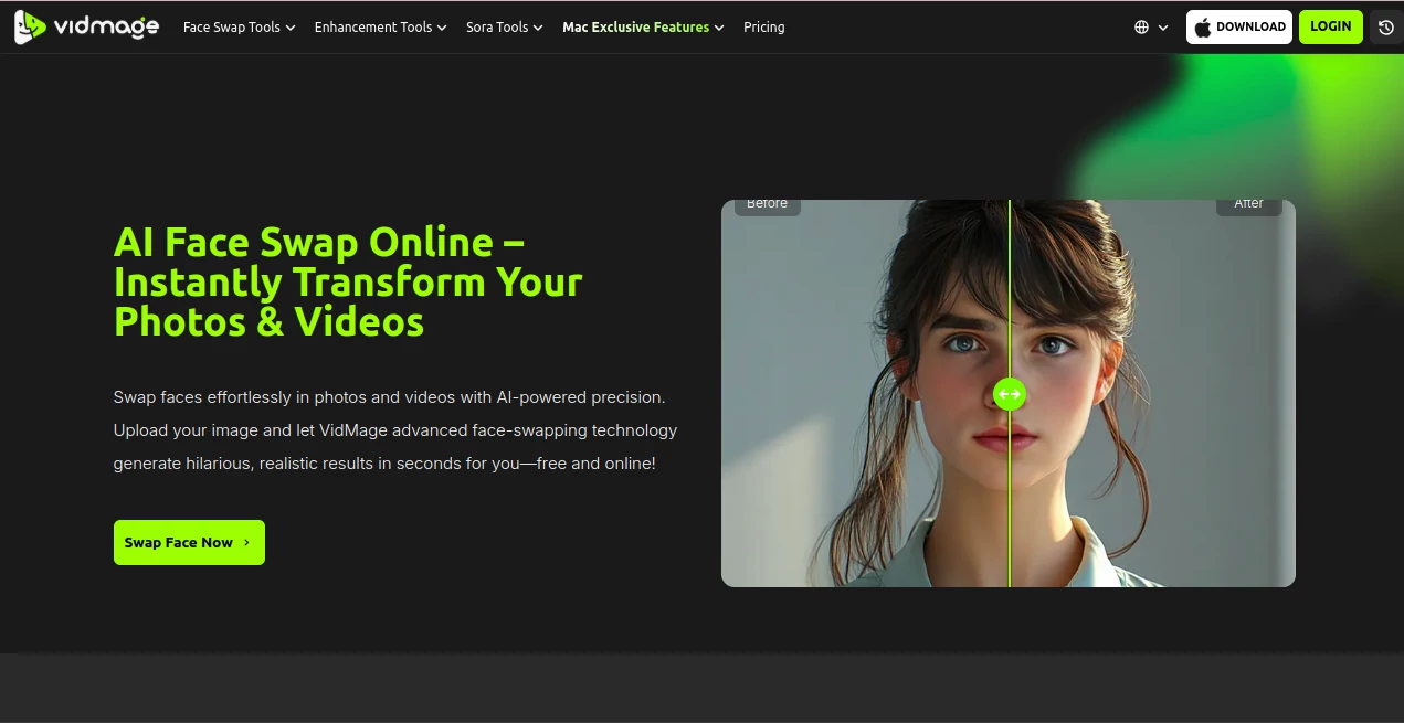 Screenshot of VidMage – An AI tool in the ,Photo & Image Editor ,AI Face Swap Generator ,AI Video Generator ,AI Fun Tools  category, showcasing its interface and key features.