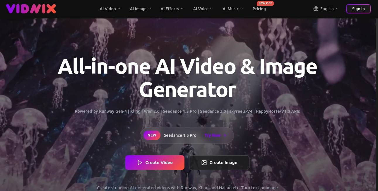Screenshot of Vidnix – An AI tool in the ,AI Content Generator ,AI Video Editor ,AI Video Generator ,AI Digital Marketing Generator  category, showcasing its interface and key features.