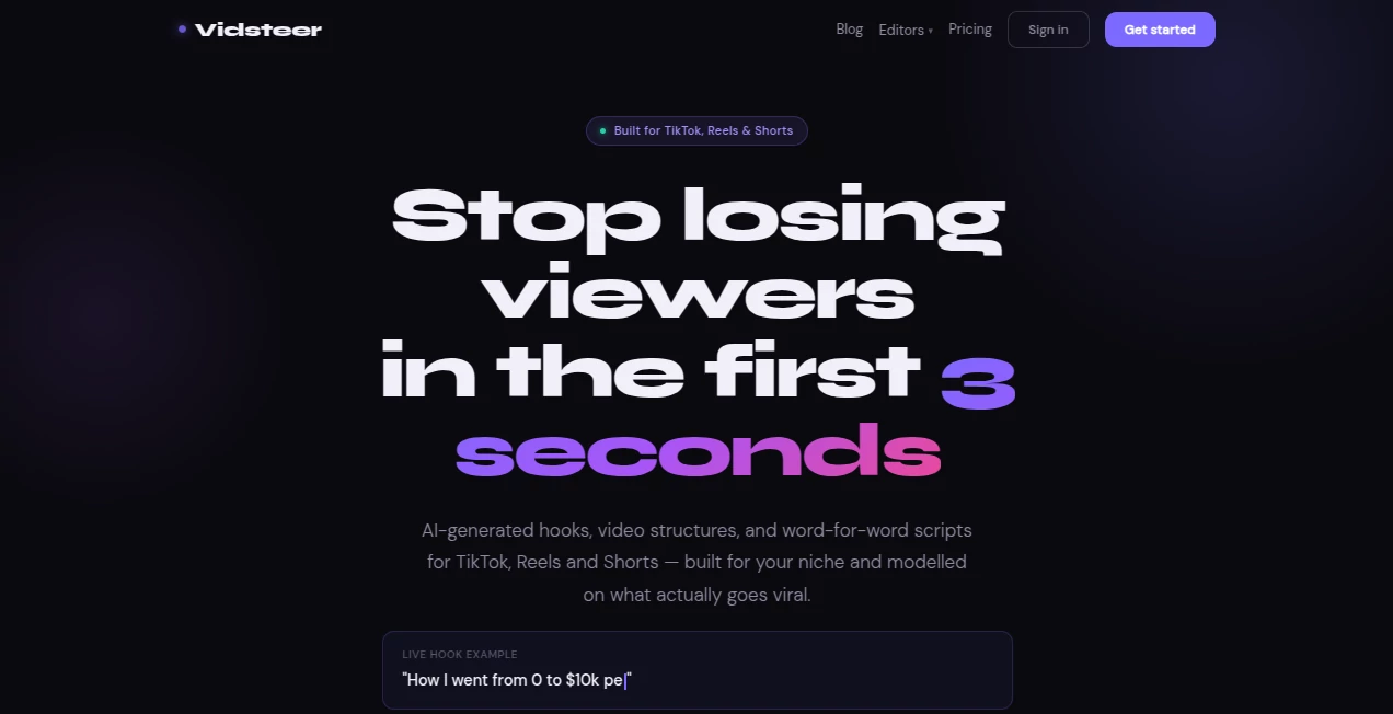 Screenshot of Vidsteer – An AI tool in the ,AI Video Editor ,AI UGC Video Generator ,AI Personalized Video Generator ,AI Video Generator  category, showcasing its interface and key features.