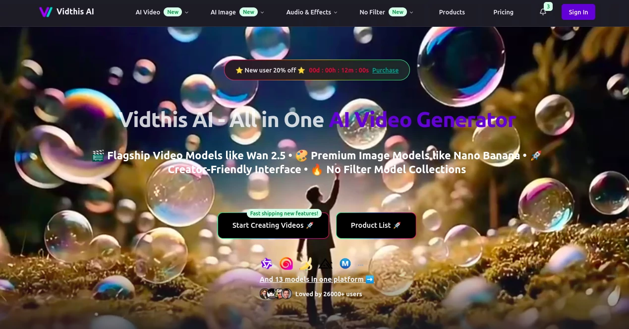 Screenshot of Vidthis AI – An AI tool in the ,AI Photo & Image Generator ,AI Video Generator ,AI Text to Video ,AI Text to Image  category, showcasing its interface and key features.
