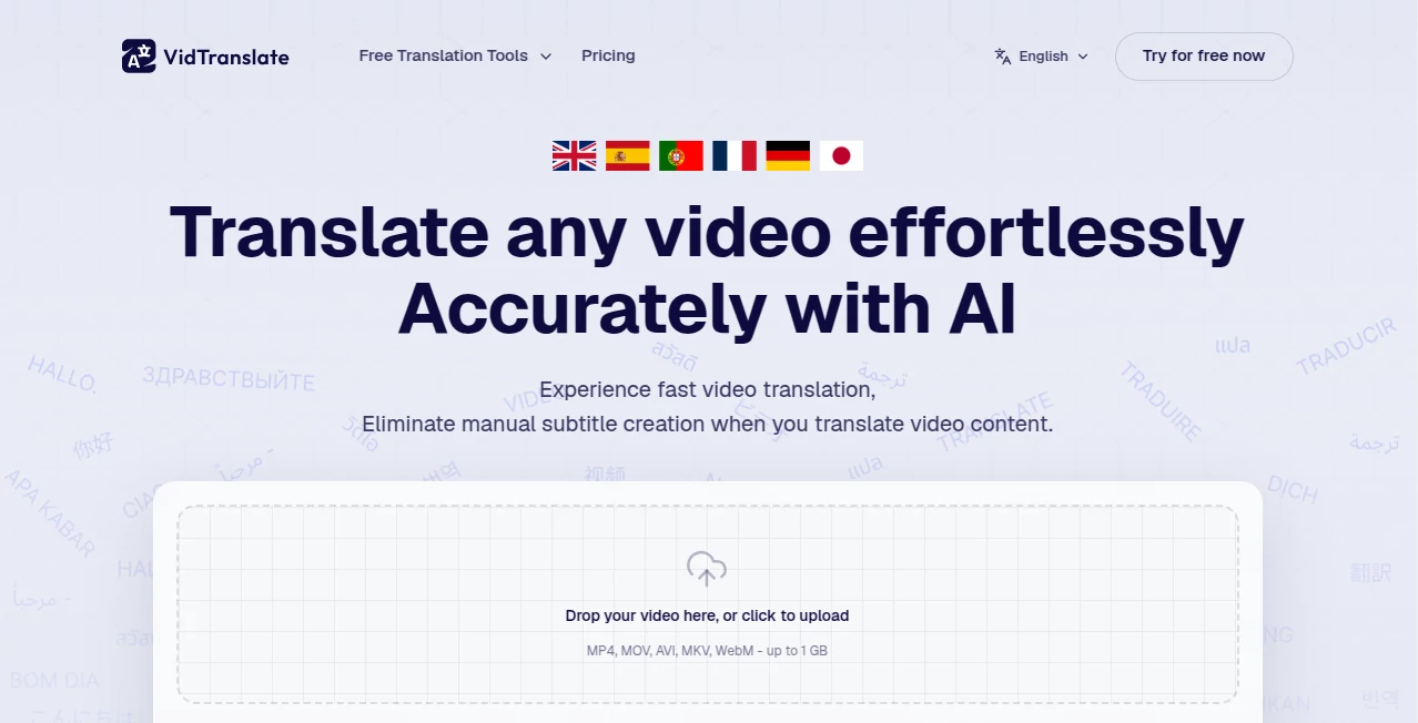 Screenshot of VidTranslate – An AI tool in the ,AI Video Generator ,AI Video Editor ,AI Text to Speech ,AI Speech to Text  category, showcasing its interface and key features.