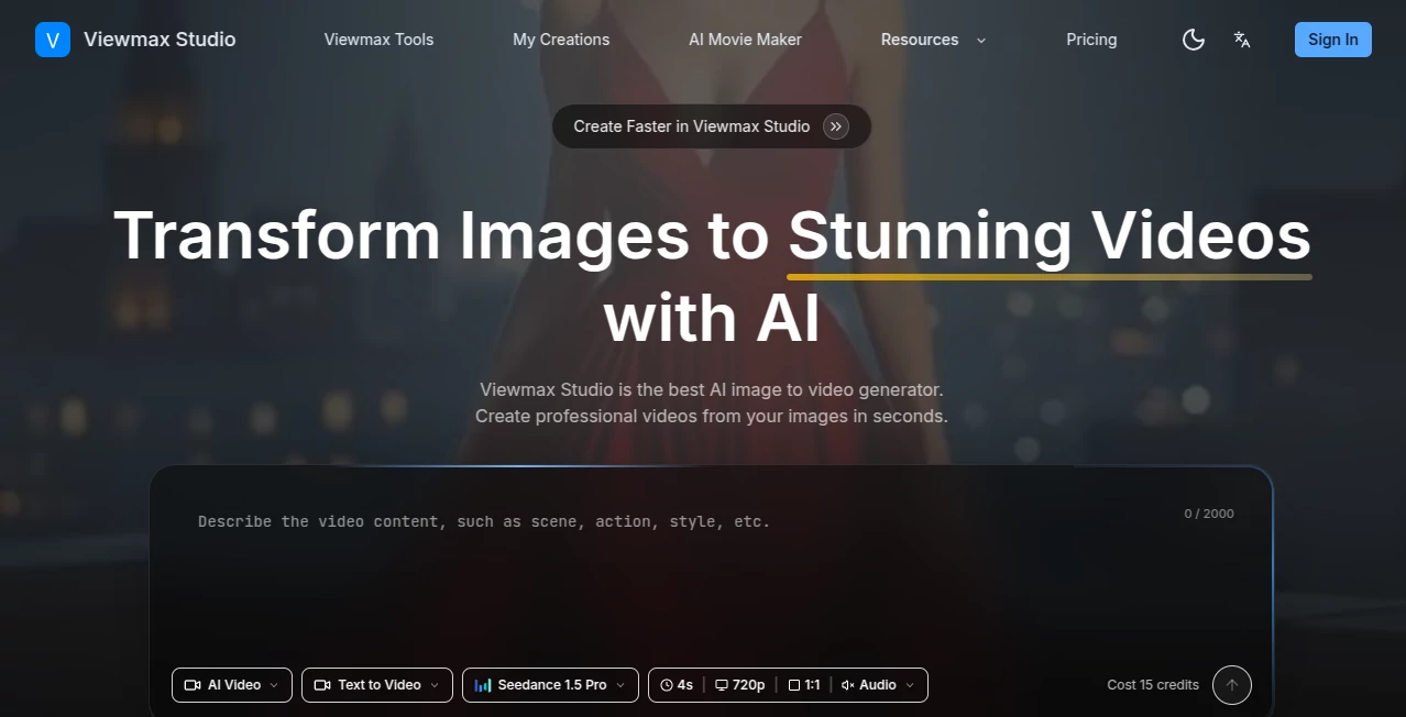 Screenshot of ViewMax Studio – An AI tool in the ,AI Animated Video ,AI Image to Video ,AI Video Generator ,AI Text to Video  category, showcasing its interface and key features.