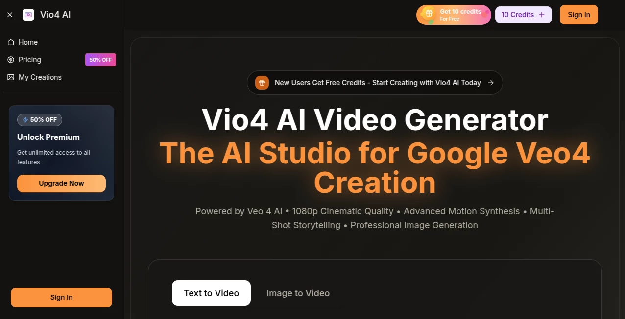Screenshot of vio4 ai video – An AI tool in the ,AI Animated Video ,AI Image to Video ,AI Video Generator ,AI Design Generator  category, showcasing its interface and key features.