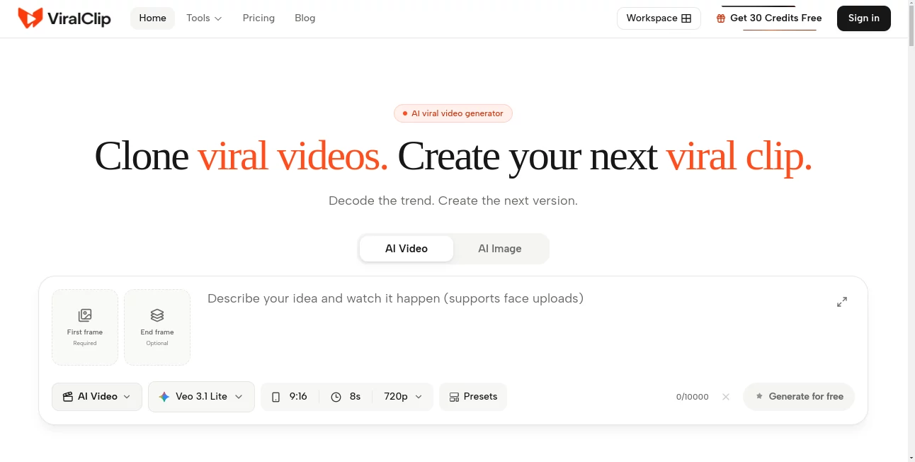 Screenshot of ViralClip – An AI tool in the ,AI Image to Video ,AI Video Generator ,AI Tiktok Assistant ,AI UGC Video Generator  category, showcasing its interface and key features.