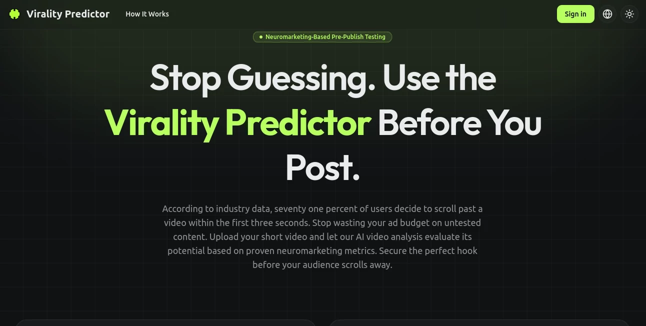 Screenshot of Virality Predictor – An AI tool in the ,AI Video Generator ,AI Ad Creative Assistant ,AI Marketing Plan Generator ,AI Fun Tools  category, showcasing its interface and key features.