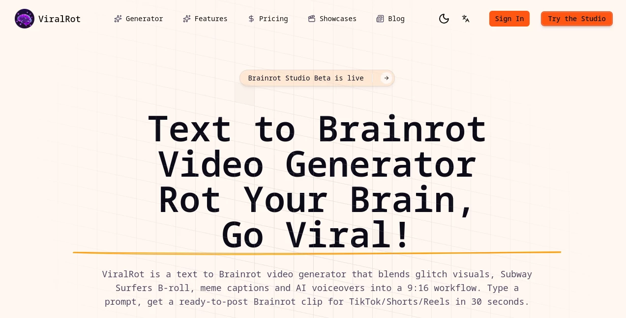 Screenshot of ViralRot – An AI tool in the ,AI Content Generator ,AI Video Generator ,AI Short Clips Generator ,AI Social Media Assistant  category, showcasing its interface and key features.