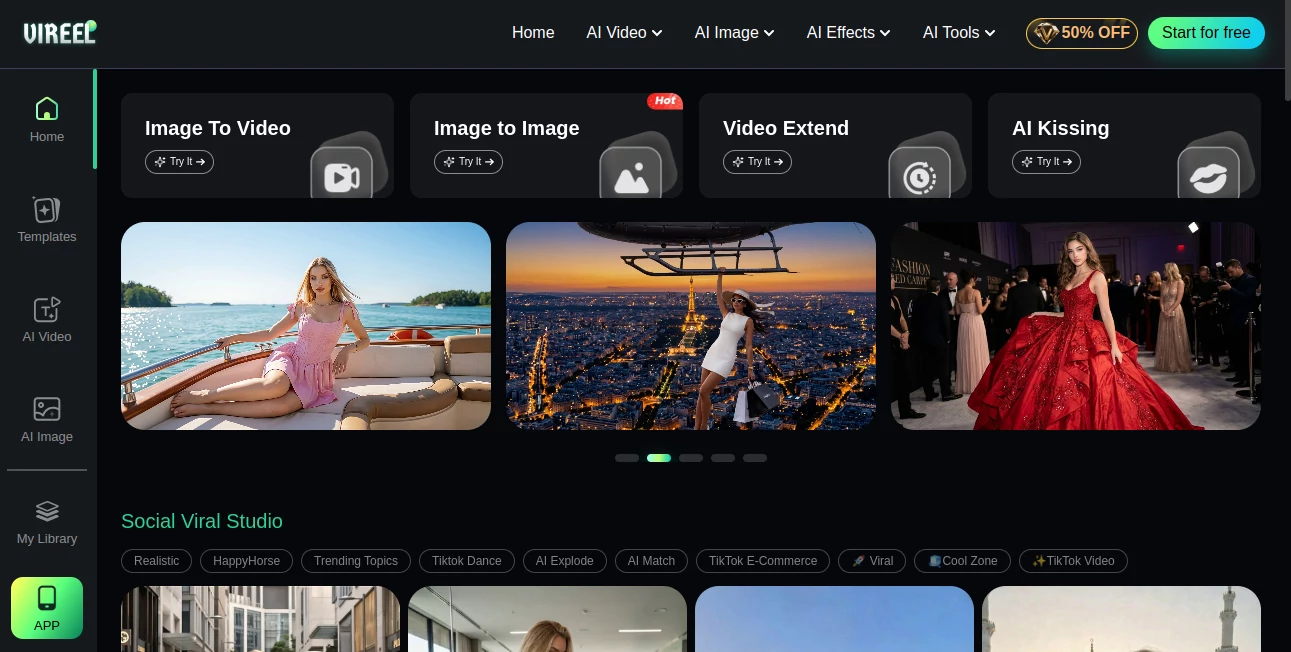 Screenshot of Vireels – An AI tool in the ,AI Animated Video ,AI Image to Video ,AI Text to Video ,AI Video Generator  category, showcasing its interface and key features.