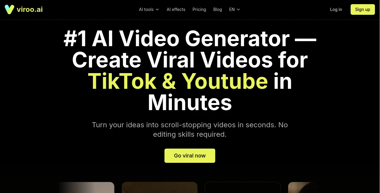 Screenshot of Viroo.ai – An AI tool in the ,AI Content Generator ,AI UGC Video Generator ,AI Tiktok Assistant  category, showcasing its interface and key features.