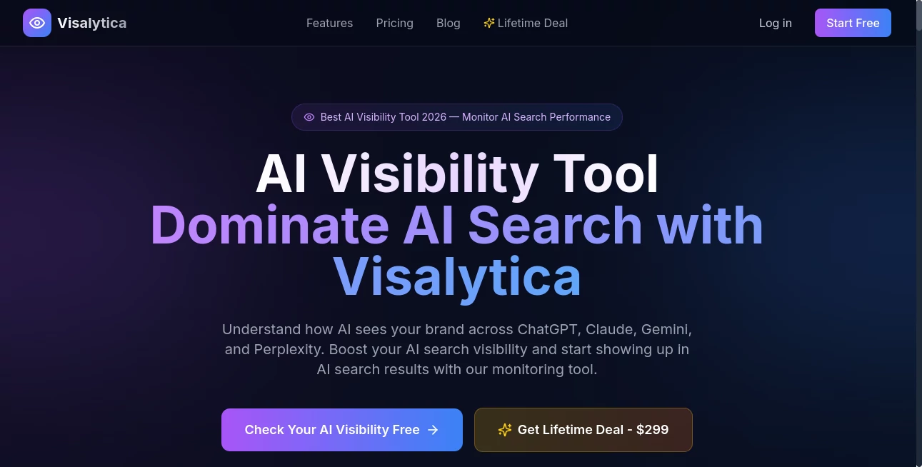 Screenshot of Visalytica – An AI tool in the ,AI SEO Assistant ,AI Marketing Plan Generator ,AI Research Tool ,AI Analytics Assistant  category, showcasing its interface and key features.