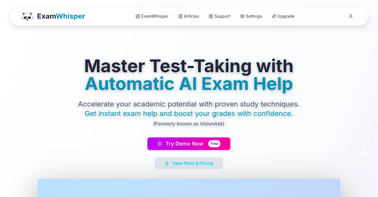 Screenshot of ExamWhisper – An AI tool in the ,AI Tutorial ,AI Homework Helper ,AI Quizzes ,AI Education Assistant  category, showcasing its interface and key features.