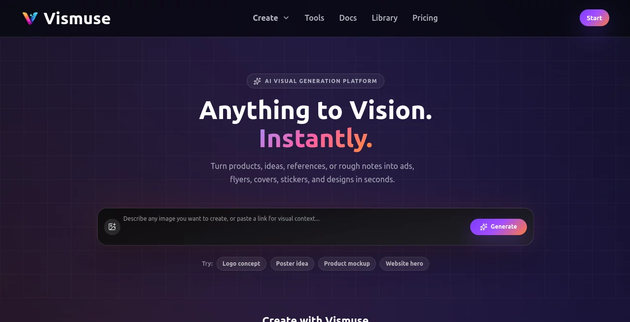 Screenshot of Vismuse – An AI tool in the ,AI Photo & Image Generator ,AI Marketing Plan Generator ,AI Art Generator ,AI Design Generator  category, showcasing its interface and key features.