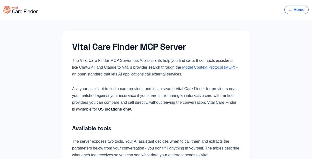 Screenshot of Vital Care Finder MCP Server – An AI tool in the ,AI Chatbot ,AI Healthcare ,AI Developer Tools  category, showcasing its interface and key features.