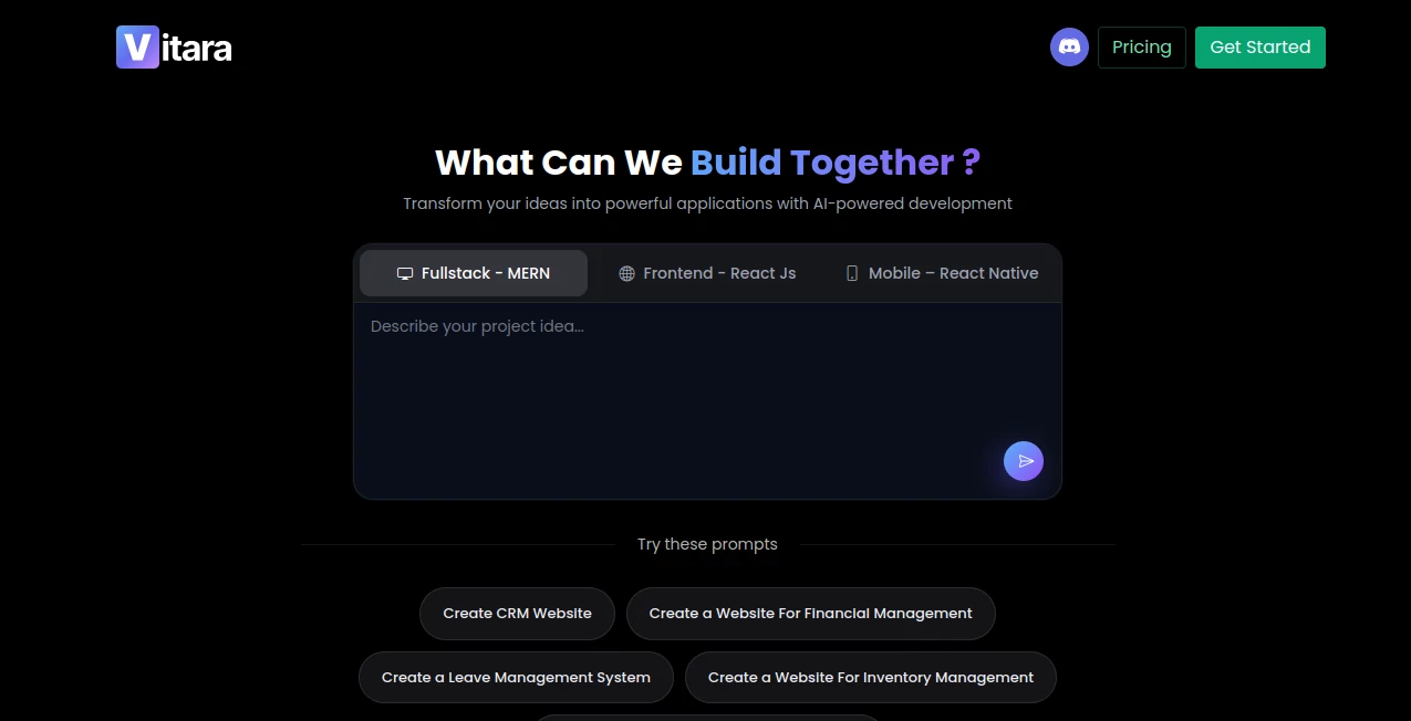 Screenshot of Vitara.ai – An AI tool in the ,AI Website Builder ,AI Code Generator ,AI Developer Tools ,AI App Builder  category, showcasing its interface and key features.